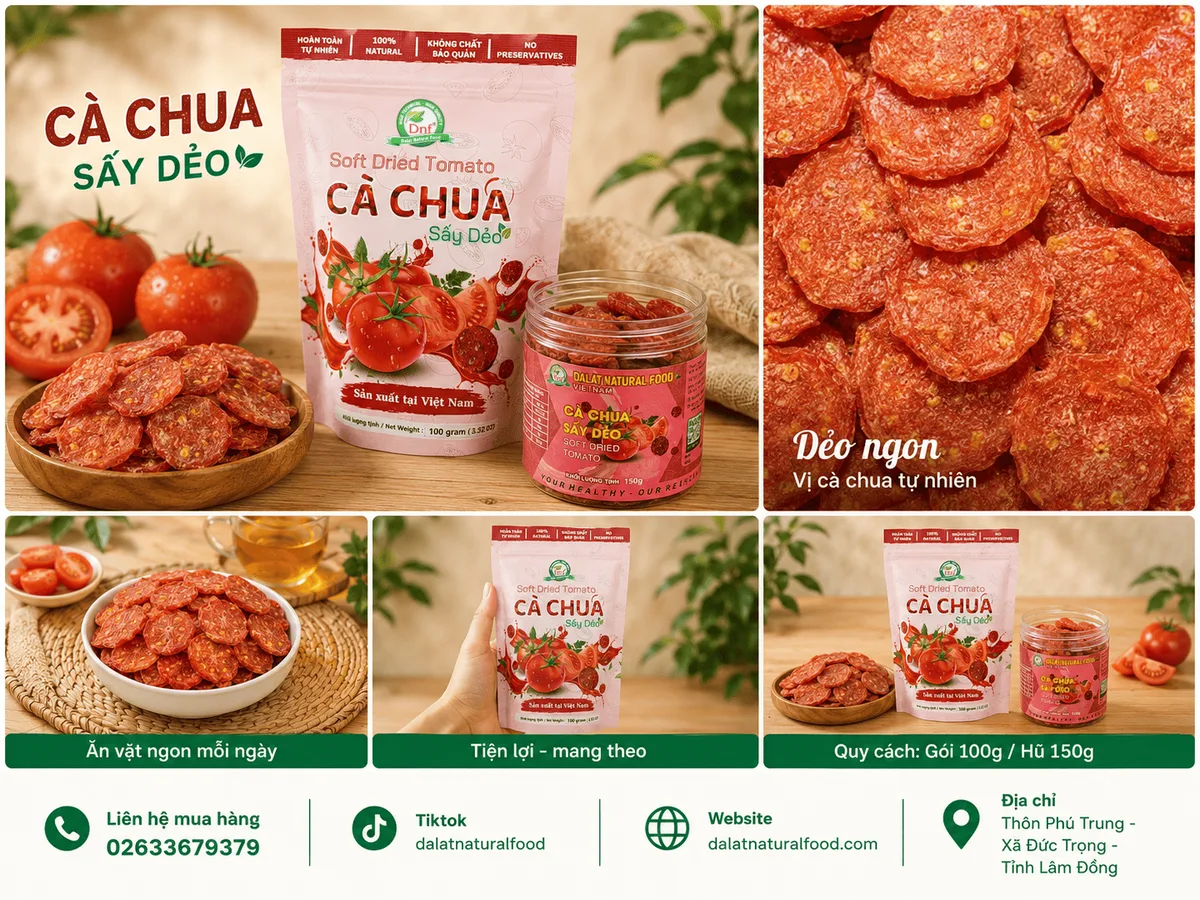 Cà Chua Sấy Dẻo với màu đỏ tự nhiên, kết cấu dẻo mềm đặc trưng.