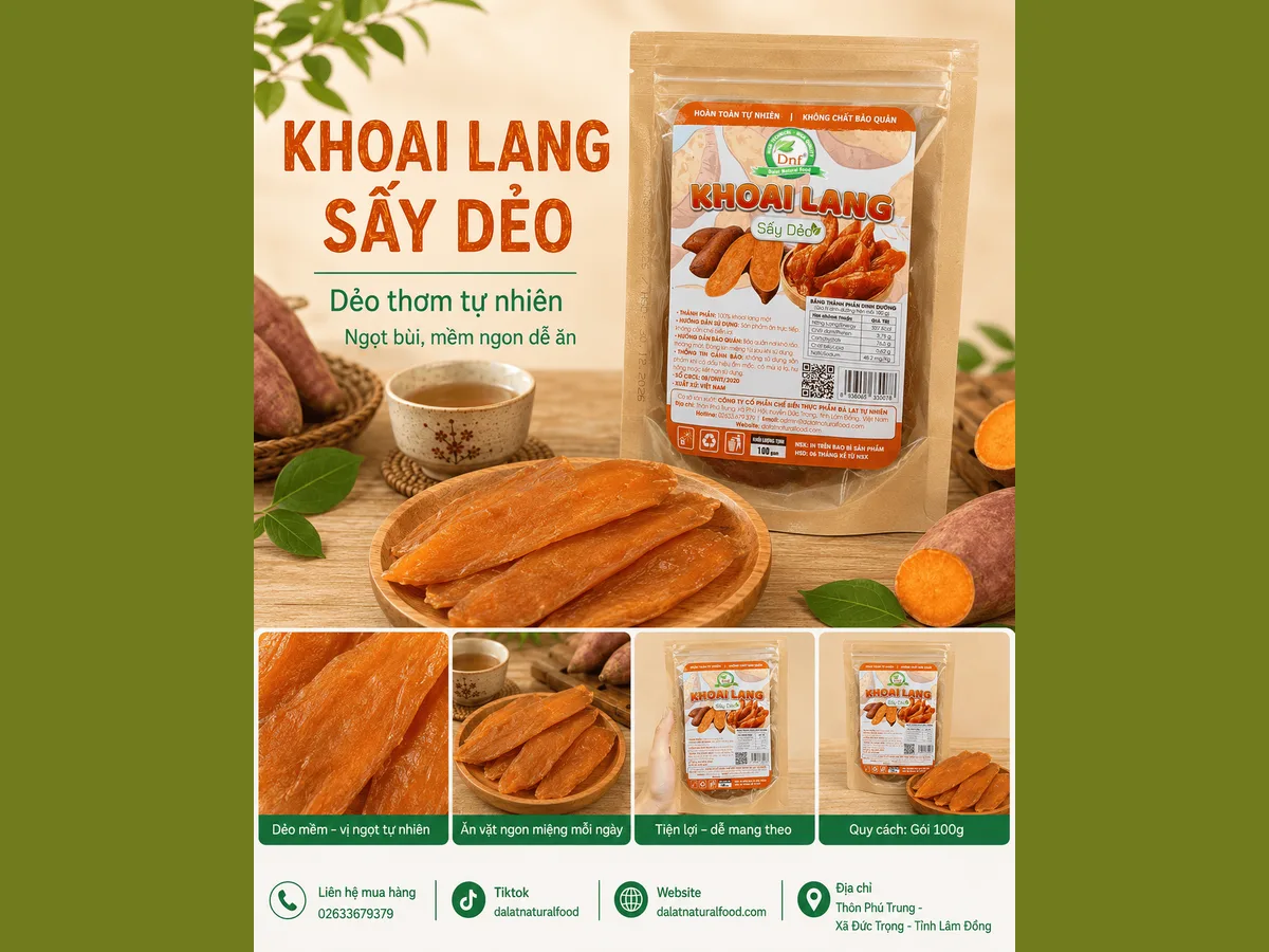 Khoai lang sấy dẻo dẻo mềm, vị ngọt tự nhiên, thích hợp làm món ăn vặt mỗi ngày hoặc mang theo khi đi làm, đi học.