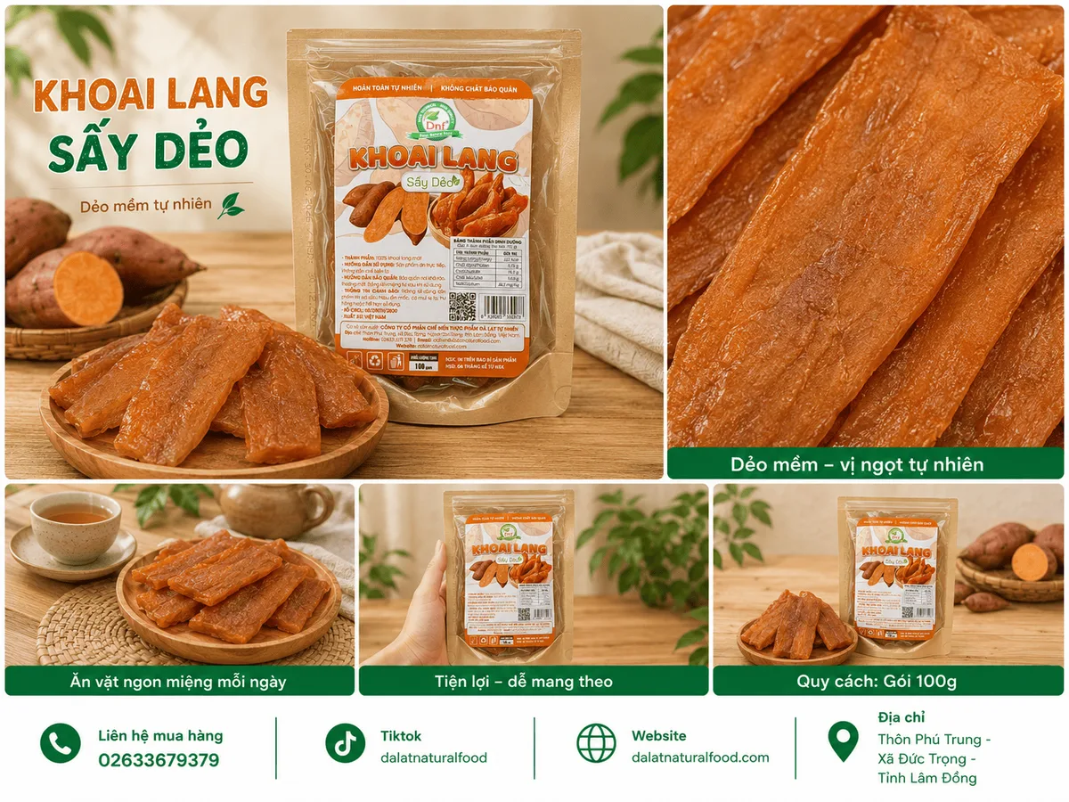 Khoai Lang Mật Sấy Dẻo với màu vàng nâu tự nhiên, kết cấu dẻo mềm hấp dẫn, đóng gói 100g tiện dụng.